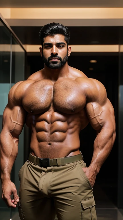handsome indian young GURJAR masculine strong bodybuilder boy in security guard uniform with huge wide muscular shoulders, wide chest, abs, masculine wide triceps, arms, biceps, big masculine legs, wide thighs, calfs, black-haired, hair falls on your face, His perfect( big huge penis) is (coming out) of his pant,masterpieces, full body view
