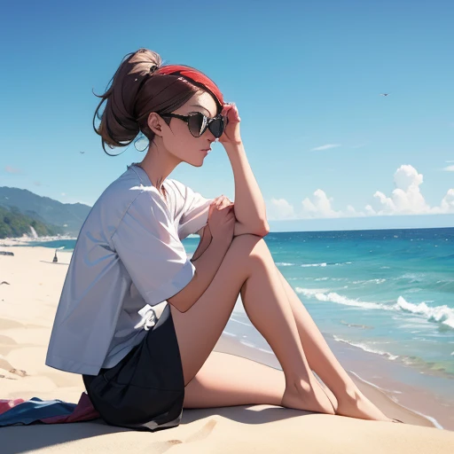 A girl with shades slanted atop her head, sitting on a beach, looking off into the distance.