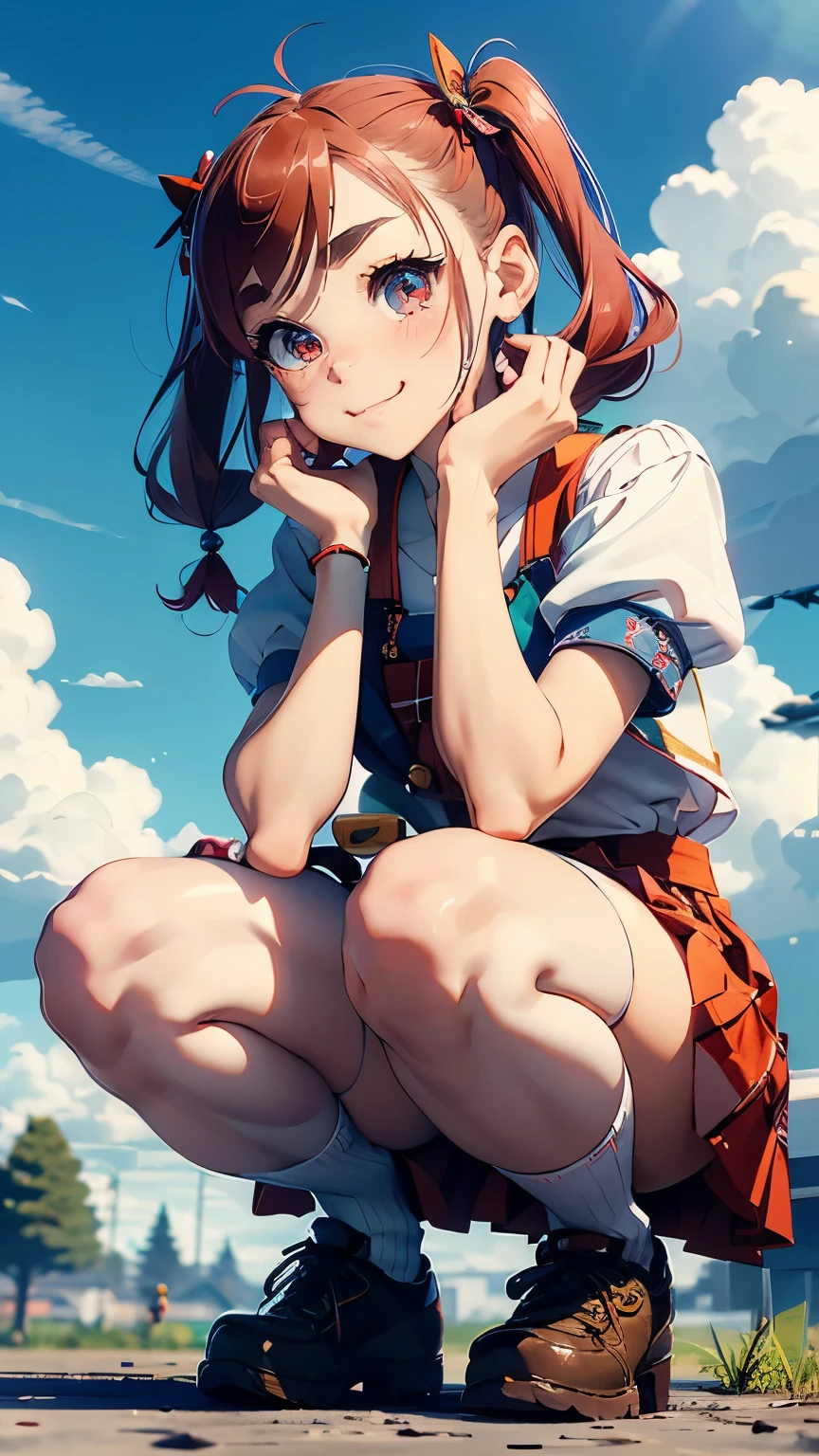 Very cute, squatting, rainbow pigtails, round eyes, short eyebrows, short eyelashes, slightly upturned lips, small red tartan check one-piece skirt with shoulder straps, white zettai ryoiki knee-high socks, zettai ryoiki, sunny day, blue sky, country road, smirk, cheerful,