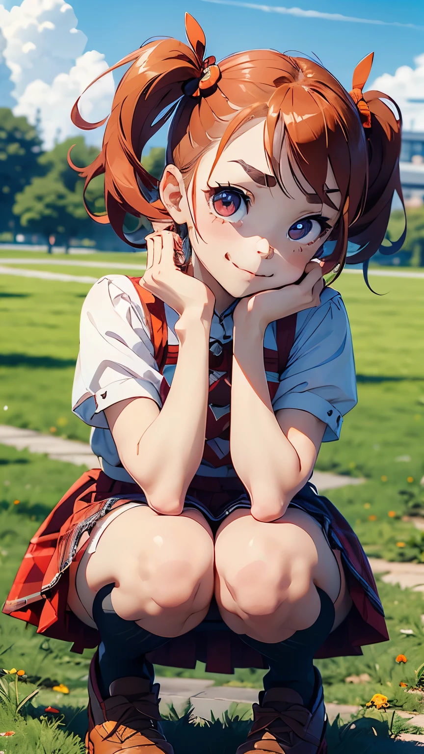 Very cute, squatting, rainbow pigtails, round eyes, short eyebrows, short eyelashes, slightly upturned lips, small red tartan check one-piece skirt with shoulder straps, white zettai ryoiki knee-high socks, zettai ryoiki, sunny day, blue sky, country road, smirk, cheerful,