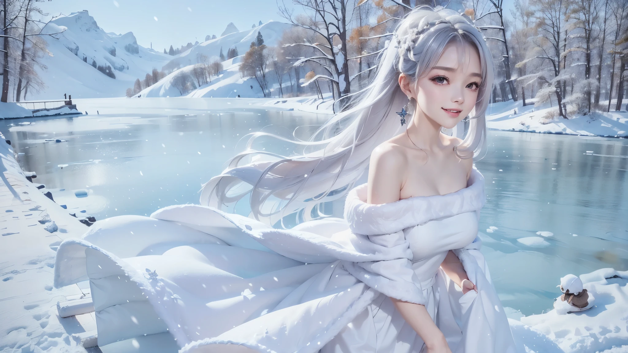 (close-up image) masterpiece、Highest quality、1 girl, winter, silver hair, Cute girl, smile, close mouse, large breasts, sideboob:1.4, white dress, off shoulder winter clothes, long skirt, Fur coat、Small waist、Thin legs、outdoors, front of the lake, snow falling, Prayer Pose, join hands, from front
