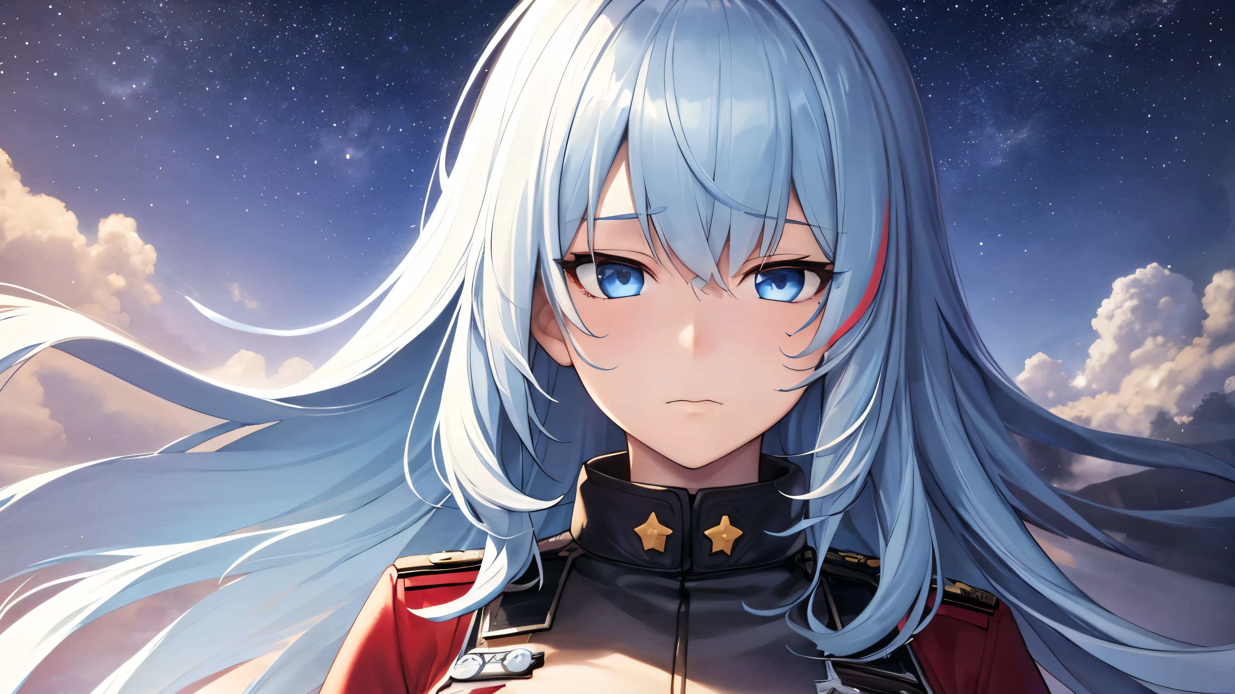 head portrait, girls' frontline, game cg, cover, best quality, 1girl, cloud sky, smoke, sad, long hair, cape, military uniform, ribbon, motion, battlefield, beautiful, detailed eyes, blue eyes, long hair, highly detailed, finely detail, (stars), (streaked hair), ((Ink Blue hair)), (white inner hair)