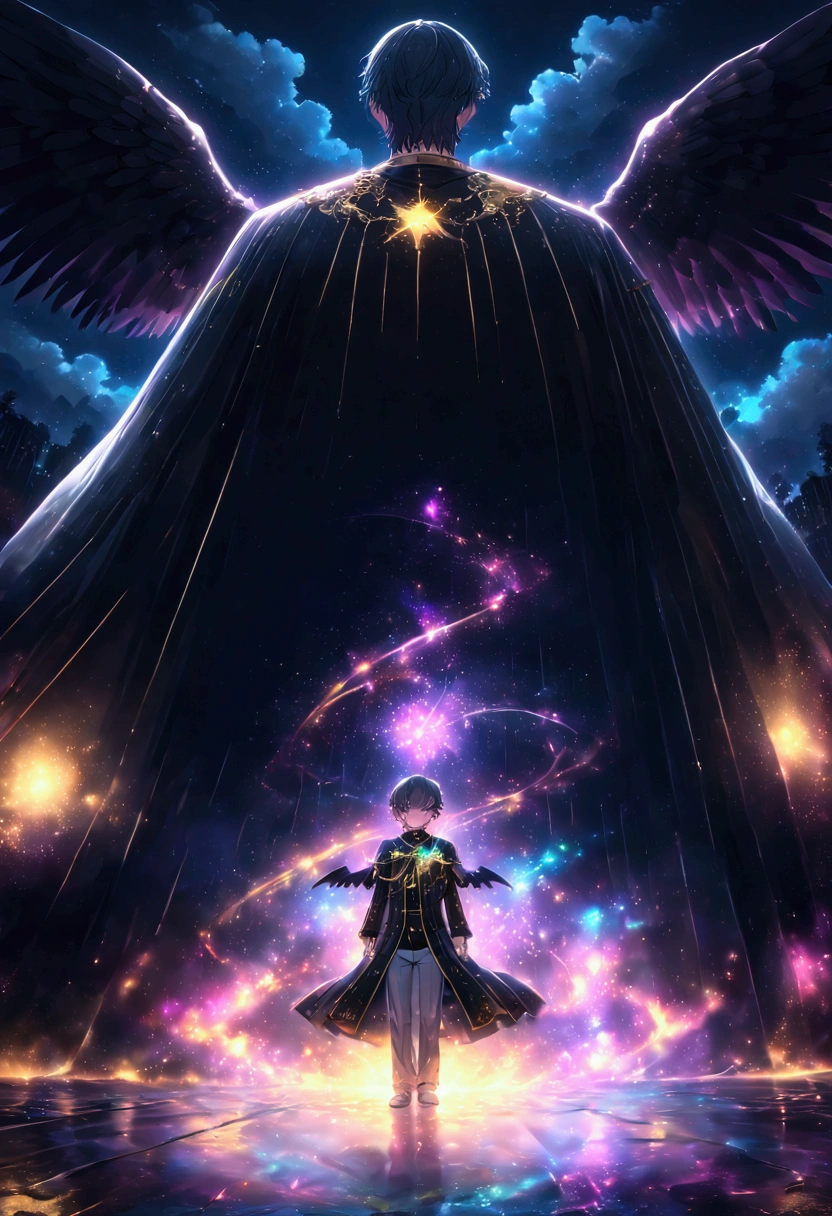 Anime-style illustration, high qualiy, conceptual artwork, clear image, digitalpainting, trends on ArtStation and Pixiv. The scene has a low-angle perspective, showing 1 man and 1 boy in full view, two characters, adult version, Child version, are separate, center cut from top to bottom, as if breaking the space, thus shaping two different terrains. The man has 1,52 tall, the child is five years old. The background shows sunset with a cloudy sky, with natural and bluish lighting, o terreno contrasta entre nuvens nubladas que rodeiam a adult version, um terreno vegetal que rodeia a Child version ((the boy has no wings)), film set. Male characters with identical appearance: Anatomical Bodies, skin tanned, golden eyes with red tones, curly black hair with green bangs that reach the eyes. or adult, a Fallen Angel with an athletic physique, is in an upright pose, with his back slightly arched and his arms at his sides, looking with an expressionless expression at its smaller version of the sky, its dark wings on full display. Wears tight lingerie clothing, made of black fabric with gold lines, designed with an opening in the back to protect their beautiful pair of large, additional black wings, with sunlit feathers. The boy is small, has a lean physique, is in a dynamic pose, with his right arm raised to the sky and fist clenched, while purple and blue-white magic shines intensely around her. Your expression is stern, with eyebrows furrowed in deep concentration. He wears loose clothes for the cold: beige pants fitted, golden regatta, Sporty white sneakers, with a white velvet cloak firmly covering it, in addition to a necklace with a brilliant sapphire displayed on her chest. An illusory pentagram arises on the ground near the boy's feet, lights shine with purple touches of darkness.