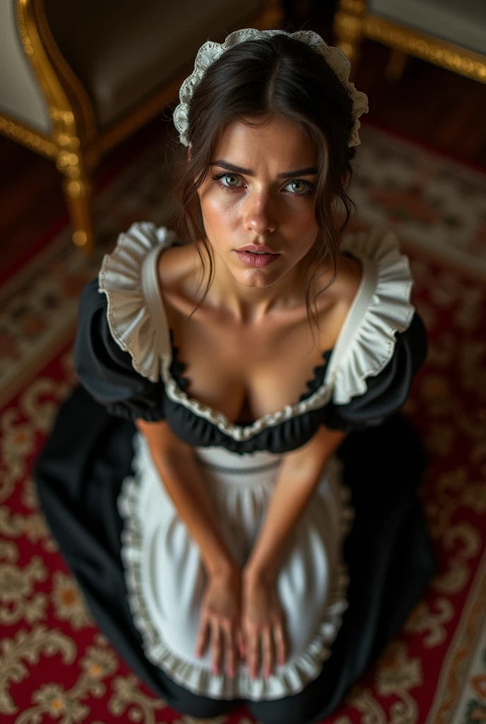 Portrait of a spanish maid kneeling on a mansion floor looking worried.  She is showing cleavage. Looking at the viewer.  Shot from above. Close up. Shot from the waist up