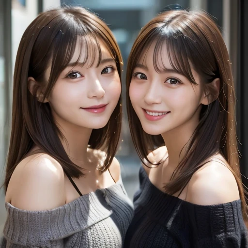 Medium Shot, Simple plain background, 2 people, 豊満な日本人奴隷2 peopleのMedium Shot, 2 peopleの美少女がFacing each otherいる、Same pose,(Japanese),Cleavage,(Knit off-the-shoulder:1.2) Firm breasts, Captivating smile、Big Breasts、Facing each other、Same pose
