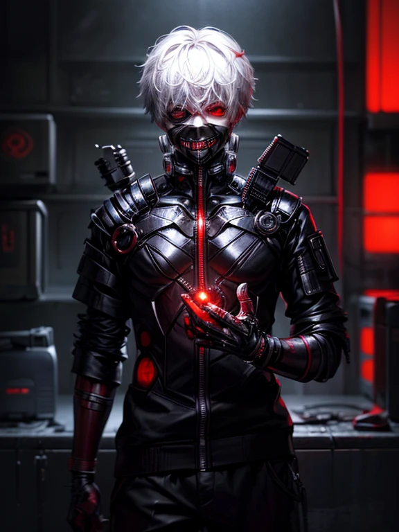 1boy, high resolution, ultra detailed, best quality, amazing, top quality, extremely detailed CG unity, detailed glowing red eyes, depth of field, red clothes, half cyborg body, cinematic lighting, , cyberpunk, dark boy, white hair, red eyes, cyborg mask, killer machine, foggy atsmophere,