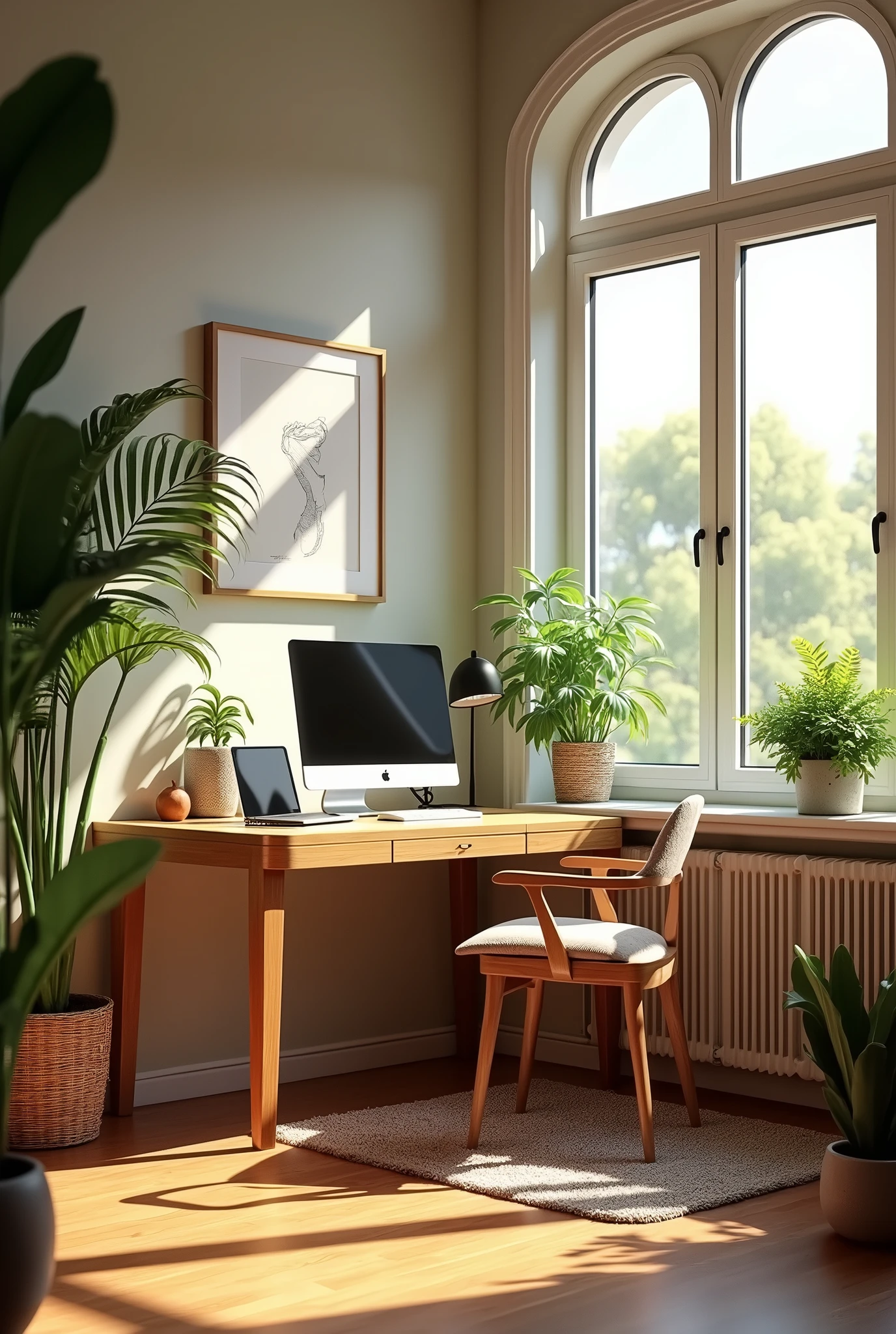 home cozy office, plants natural lighting, apple pc and laptop wooden desk, minimalist theme, ultra realistic, full hd, detailed image of room