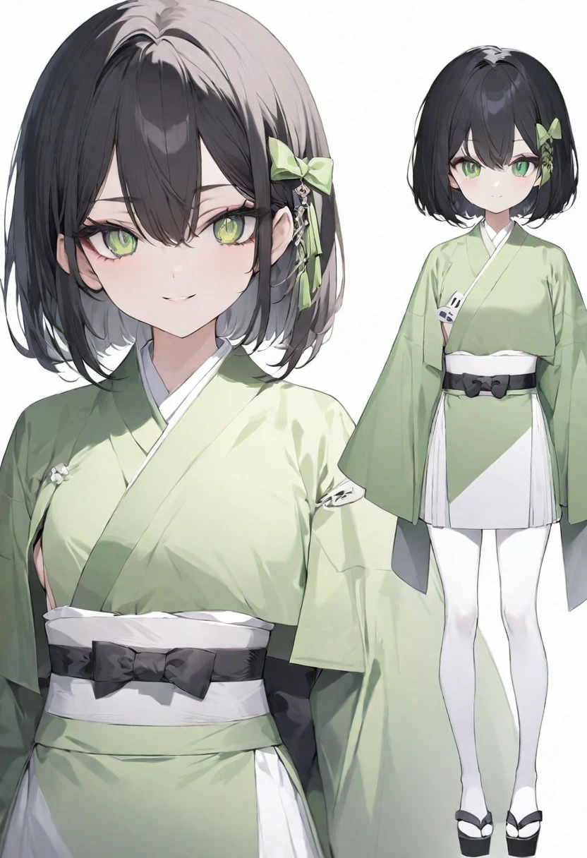 (muste piece), (best quality), (score_9, score_8_up, score_7_up), very detailed eyes, expressive eyes, perfect face, very detailed face, highly detailed face, beautiful girl, 8K, beautiful girl, white background, delicate and beautiful face and eyes, dark intense shadow,
1 girl, vtuber style, cool girl, multicolored hair, black hair, medium hair, bob cut, hair between eyes, green eyes, Japanese style dress, green and white kimono, long sleeves, wide sleeves, short skirt, capelet, white pantyhose, small breast, soft breast, hair ribbon, bowtie, belt with bow, geta, (full body), light smile, standing,