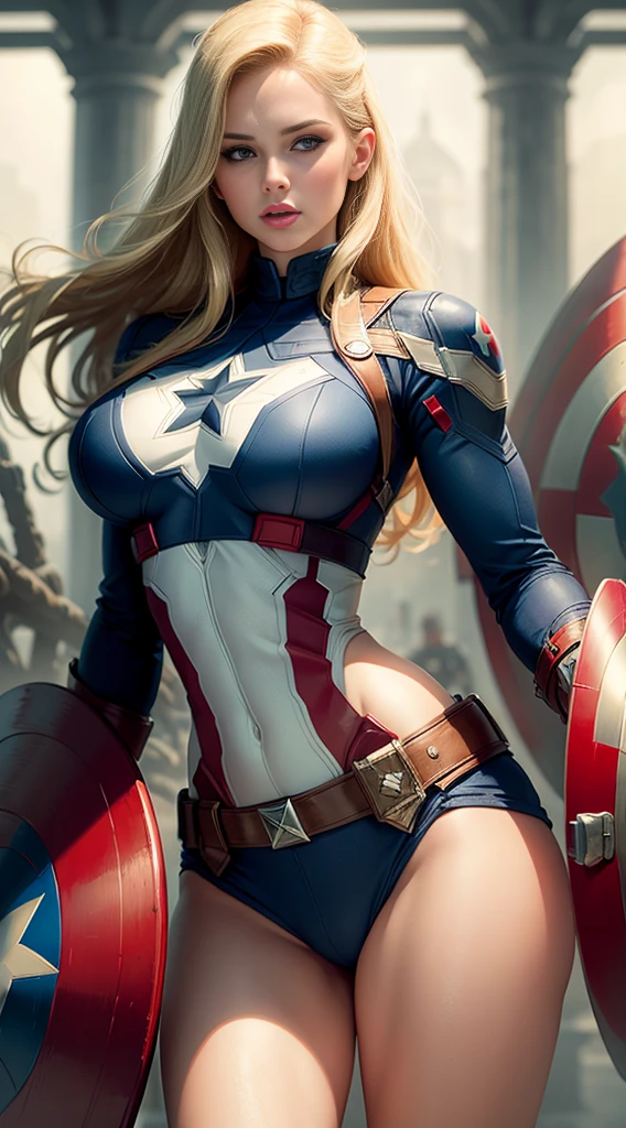 ((Best quality)) , ((Masterpiece)) , (Detailed) ,( Captain America Lady) , perfect body shape, big , blond hair, beautiful face, focous on face details, wearing captain America uniform, logo of hydra in the background