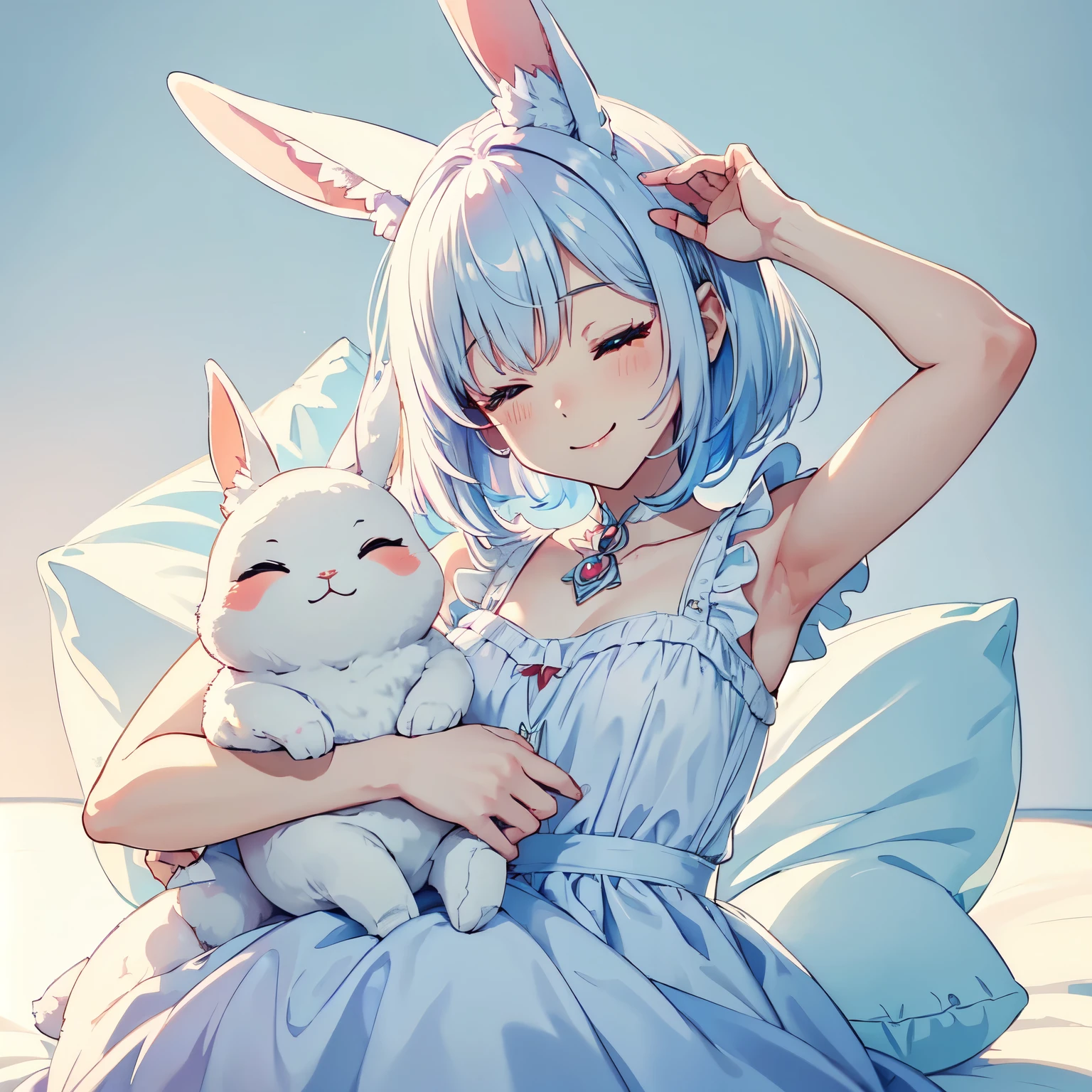 anime style, cute small white rabbit, (((wake up on bed))), (((smile and close eyes arms up))), 1girl, (((chibi))), red eyes, tall ears, bob hairstyle, large face, short stature, wearing a light blue dress, (best quality,4k,8k,highres,masterpiece:1.2), intricate details,highly detailed,exquisite,stunningly beautiful,vibrant colors,soft lighting,fantasy,magical realism,((white background)) (simple background),