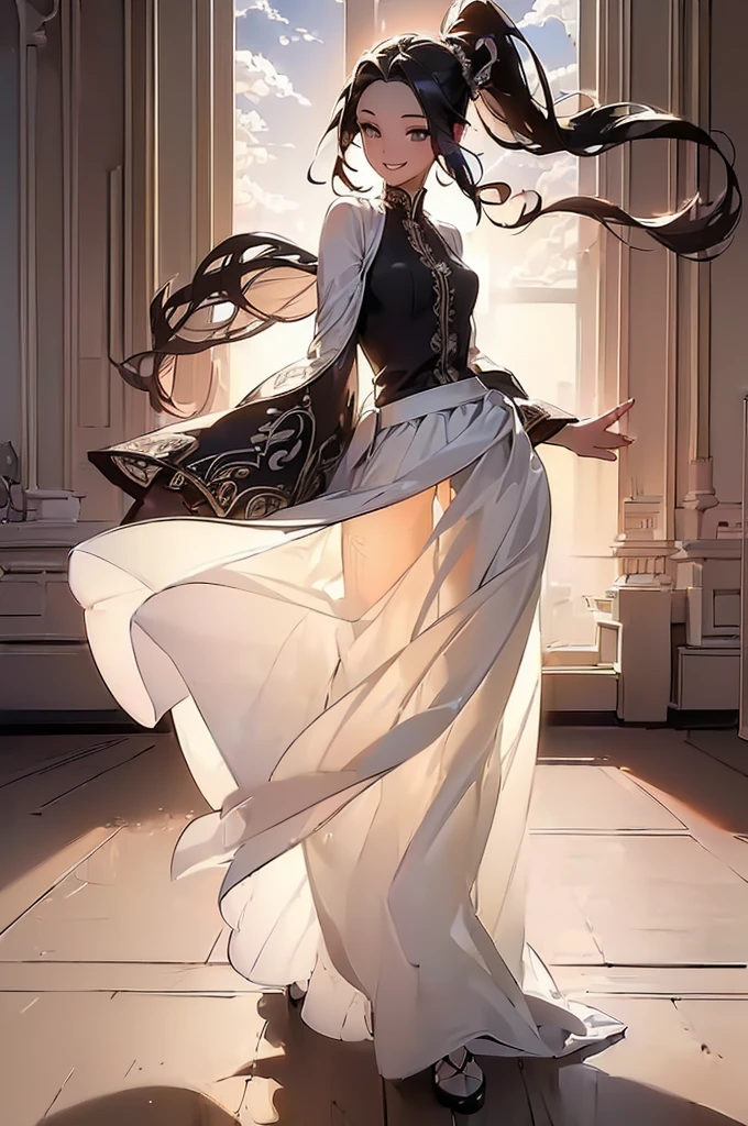 ((((High resolution, Intricate details, masterpiece, 8k)))), (((beautiful, Long skirt, Shape of Light))), ((One Woman, full body, Smiling)), (Black Hair, Forehead, Long Hair, ponytail, slender, Glowing Skin), from front, looking at viewer, look at viewer, outside, evening, Wind, Sunset,