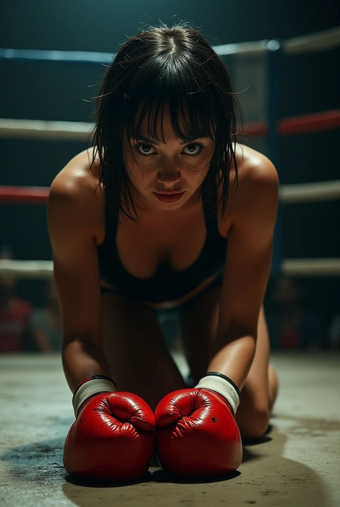 A sexy sweaty buste brunette lying in thong try to get Up in the mma cage. She is shocked and destroyed, She has lost . She has white mma gloves
