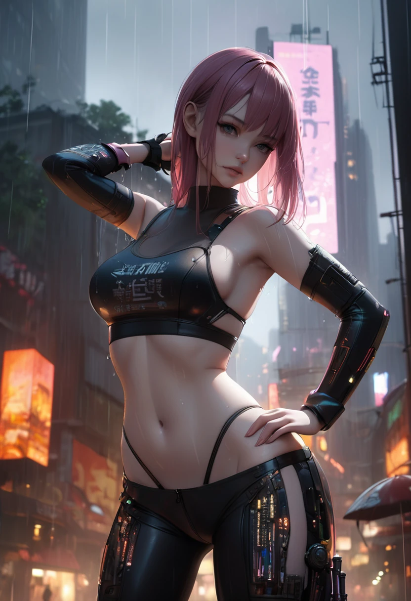 Hiten_kei style, oil painting, rough style, desert, neon light signage, cyberpunk, cactus, (1girl), extreme detailed, highest detailed, unity 8k wallpaper, ultra detailed, masterpiece, best quality, topless, nipples, stomach, helmet, goggles, latex pants, barechests, waist pouch, salmon pink hair, ponytail, long hair, smiling, small breasts, arm strap, motorcycle, wet body, open mouth, armpit, upper teeth visible, cowboy shot