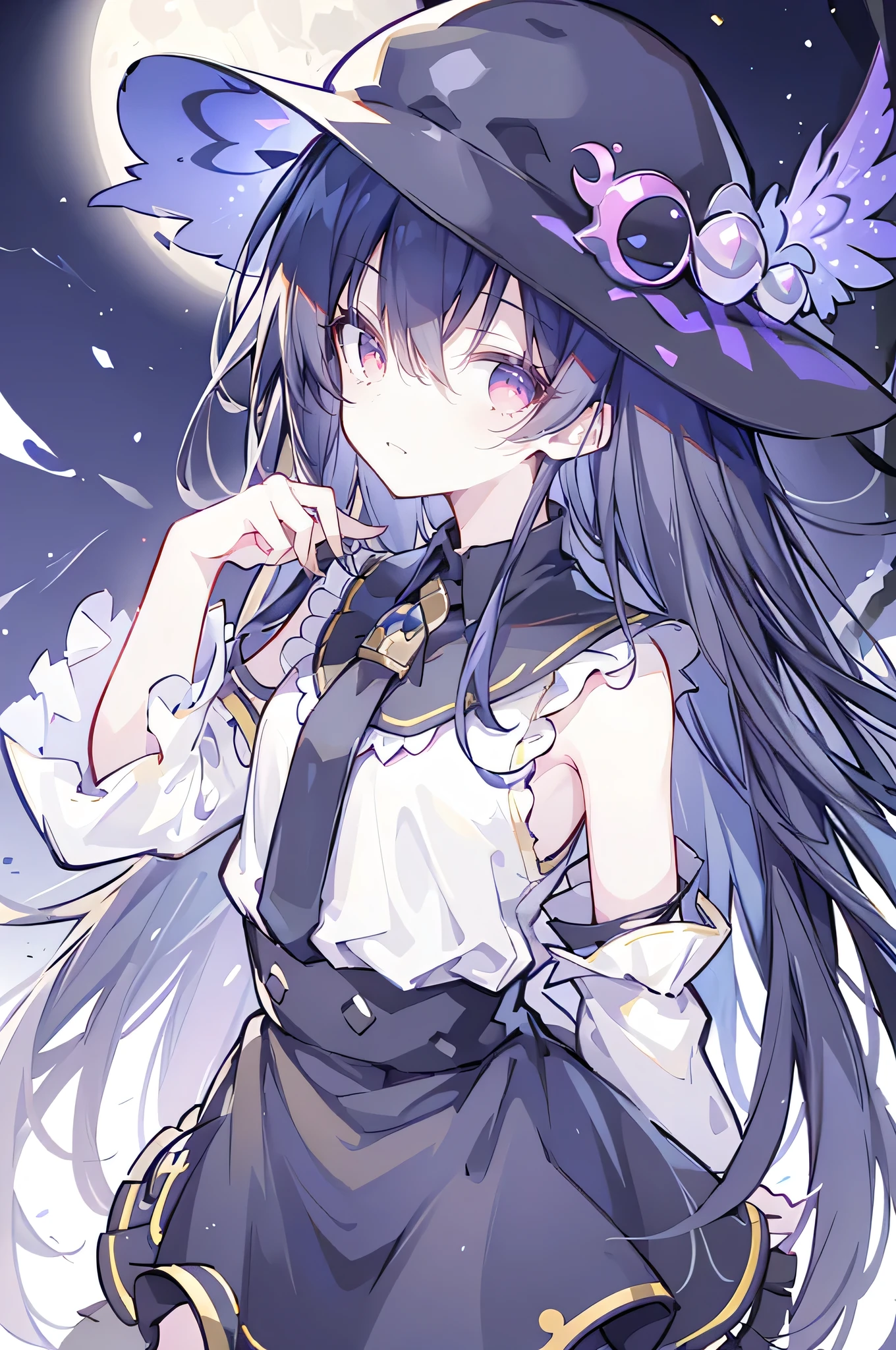 oung Girls,Humanity,A magician always smiles,big witch hat,cute,dark blue long hair,The eyes are dull,The bangs are heavy,Thin eyebrows,fantasy,intake,Double teeth,Star Theme,Constellation pattern,Solid color clothetal decoration,cloak,A bit of a dark atmosphere,A little crazy smile,When the big moon shines outside at night,blood,Hair black star embellishment,Short tie,No nails,High waist skirt,Bell sleeves,Long-sleeved shirt,Black tie,low risk,gentlemen。Mist、Yellow and white effect，Shocking pink as an accent color