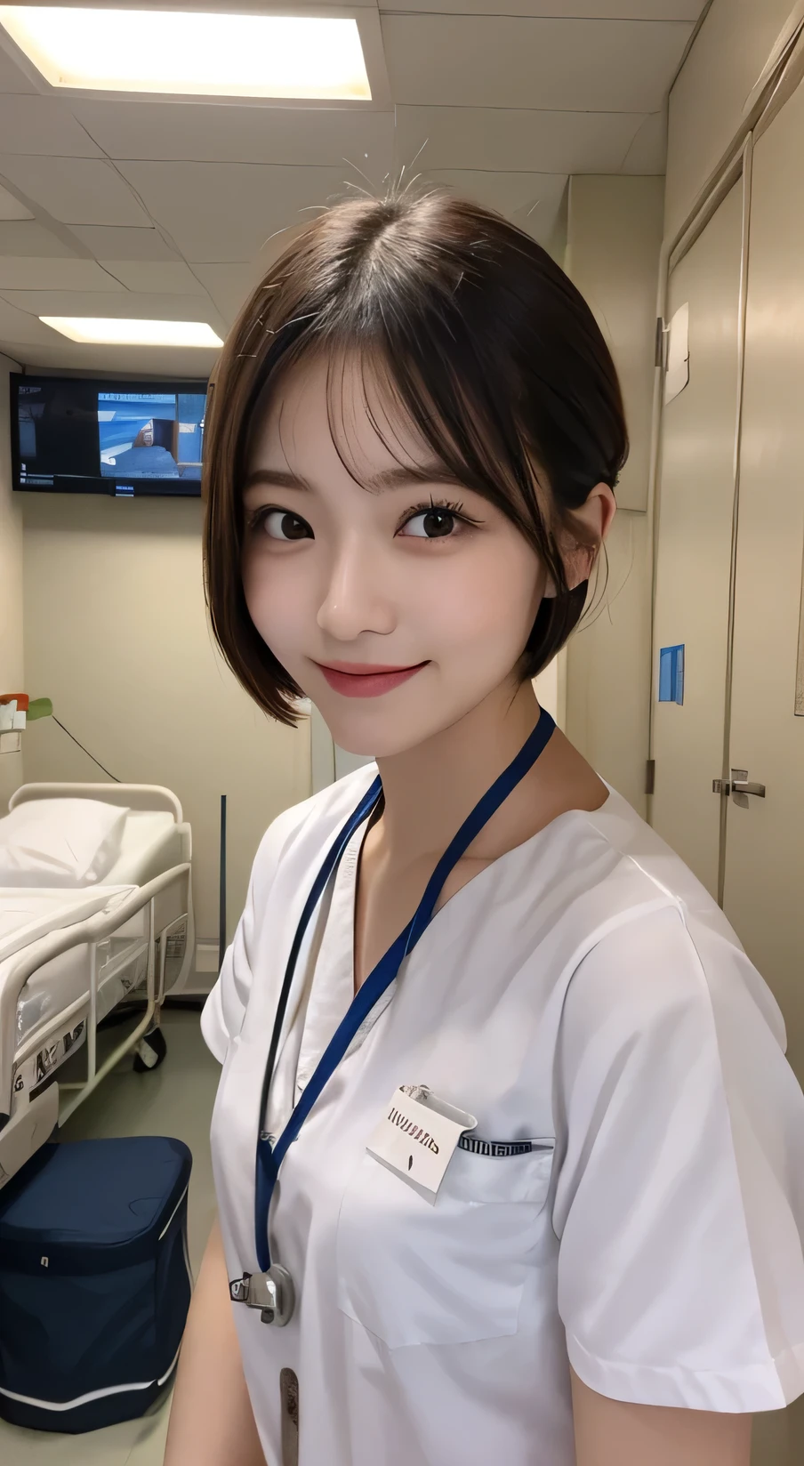 Tabletop, Highest quality, figure, Very detailed, In detail, High resolution, 8k wallpaper, Perfect dynamic composition, White、nurse,nurse、short hair, Beautiful attention to detail、One female , Natural color lip,smile,hospital，Hospital room、Next to the bed、20-year-old，cute