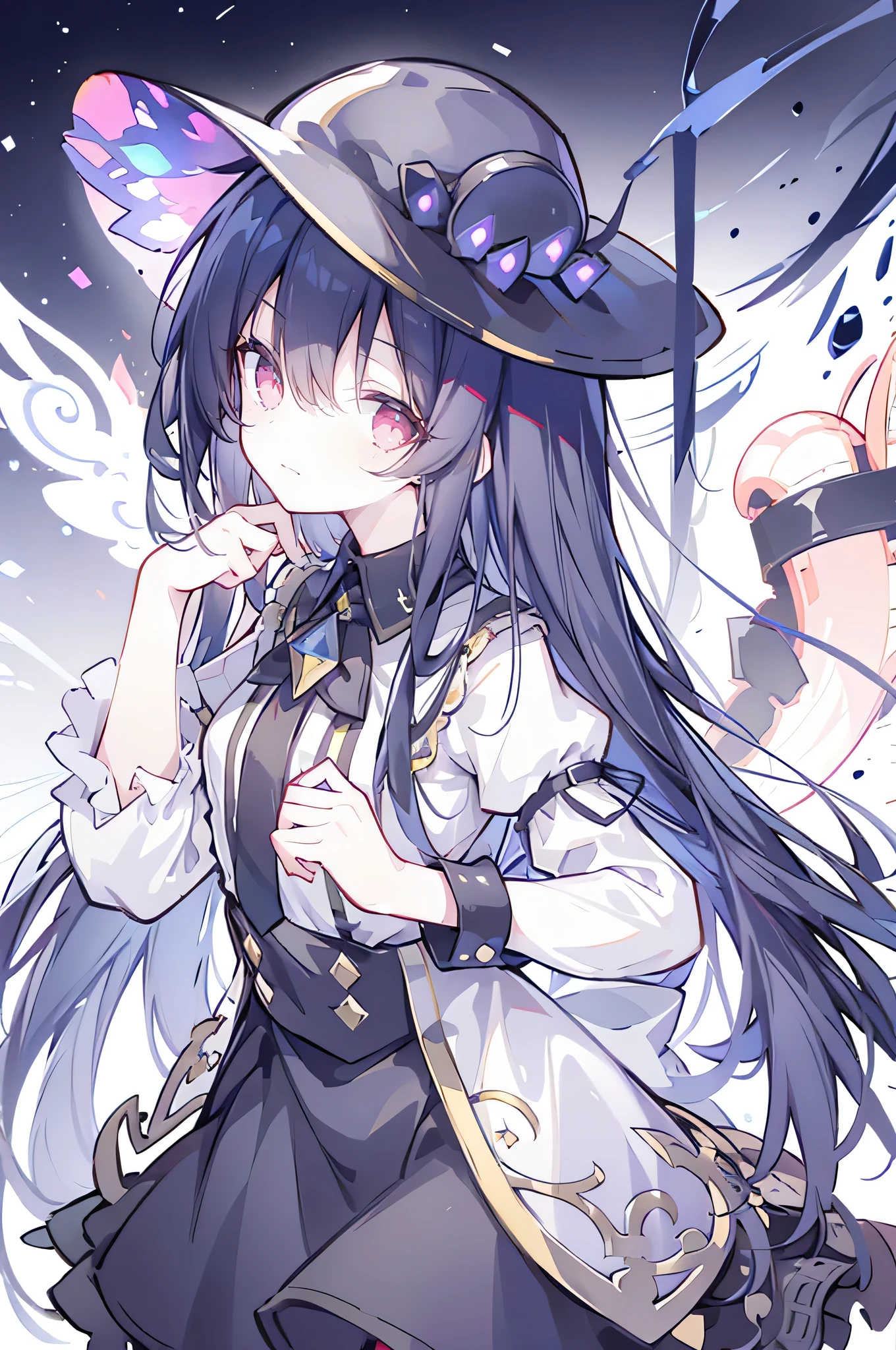 oung Girls,Humanity,A magician always smiles,big witch hat,cute,dark blue long hair,The eyes are dull,The bangs are heavy,Thin eyebrows,fantasy,intake,Double teeth,Star Theme,Constellation pattern,Solid color clothetal decoration,cloak,A bit of a dark atmosphere,A little crazy smile,When the big moon shines outside at night,blood,Hair black star embellishment,Short tie,No nails,High waist skirt,Bell sleeves,Long-sleeved shirt,Black tie,low risk,gentlemen。Mist、Yellow and white effect，Shocking pink as an accent color