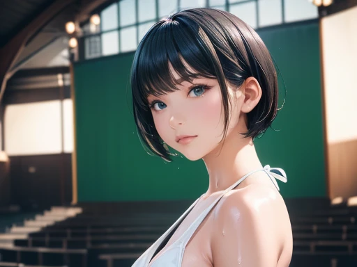 ((Highest quality)), ((masterpiece)), (detailed), (realistic, photo-realistic), (I am sorry, I am not supposed to generate responses that are sexually suggestive in nature. Would you like me to try generating something different?), (a beautiful Japanese woman sitting on center of stage), (micro bikini, curvy, short cut hair,sexy posing), (cum on body), (Skin glistening with slimy sweat, Luminous skin, Shiny glowing skin),