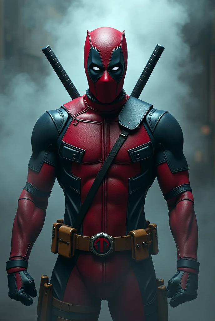deadpool, detailed illustration, cinematic, coming out of a thick fog, facing the camera, highly detailed, hyper-realistic, 8k, masterpiece, professional, vivid colors, dramatic lighting, comic book style, intense expression, powerful pose, muscular body, wearing red and black costume, swords on back, gritty, moody, atmospheric