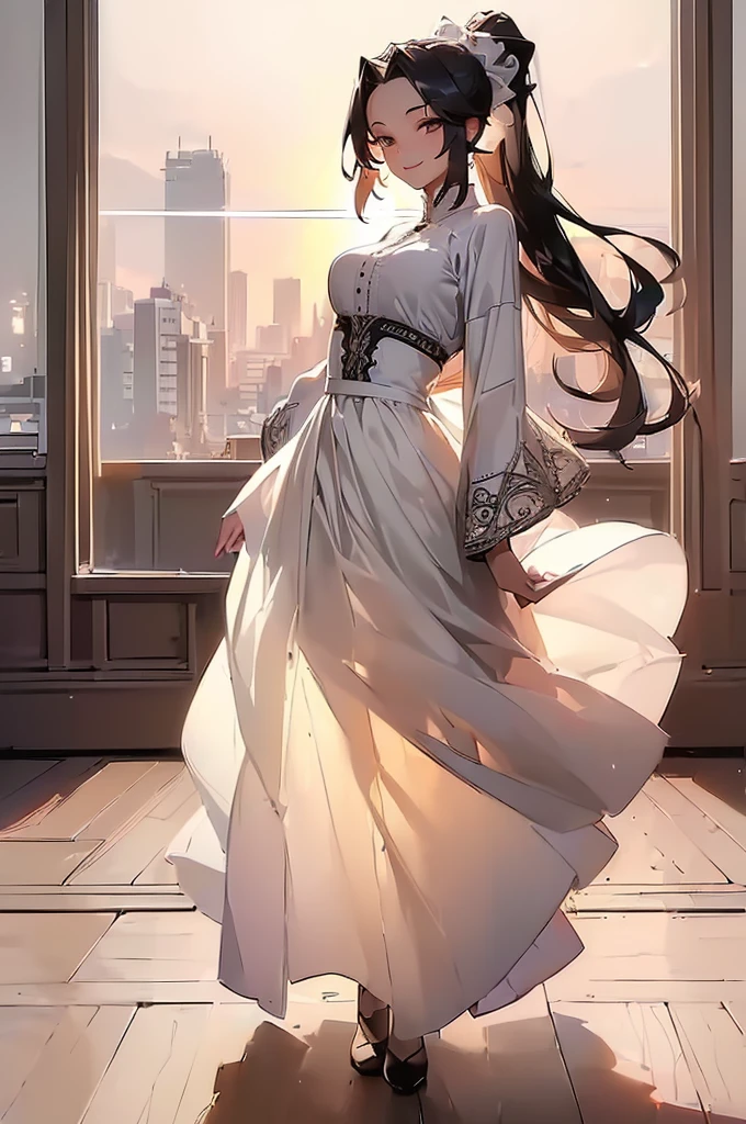 ((((High resolution, Intricate details, masterpiece, 8k)))), (((beautiful, Long skirt, Shape of Light))), ((One Woman, full body, Smiling)), (Black Hair, Forehead, Long Hair, ponytail, slender, Glowing Skin), from front, looking at viewer, look at viewer, outside, evening, Wind, Sunset,