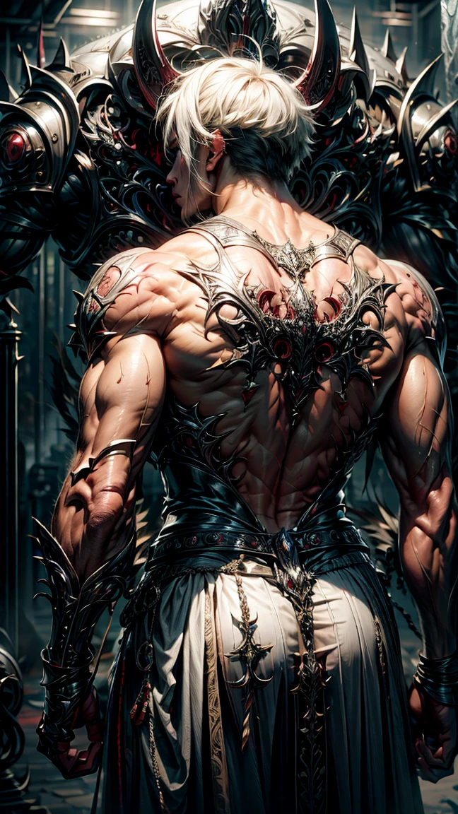 Yuijiro Hanma, red-haired man, standing in a gym, The back is decorated with a devil's tattoo. His back is muscular and defined, The focus of his intense workouts.