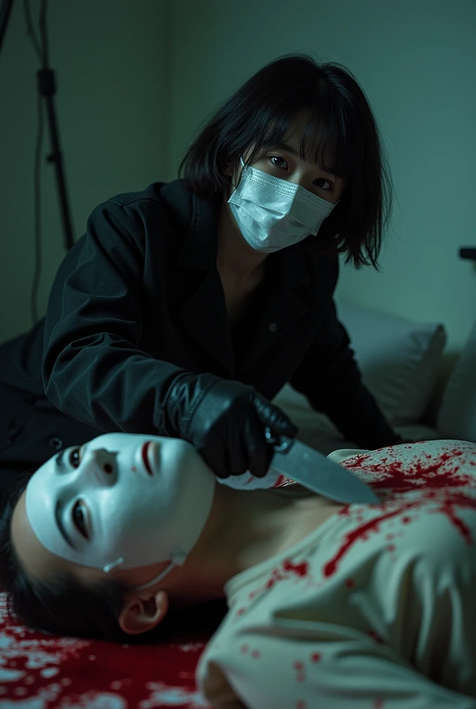 korean girl, (behind corpse, holding knife), surgical mask, black gloves, room full of blood, black raincoat, holding knife, black gloves, woman on top, looking at viewer, behind corpse, blood splatter, bed room, night, mass murderer, killer, short hair, blood splatter, dark atmosphere, cinematic lighting, atmospheric realistic, close-up, tripod and camera in the back, shooting with camera