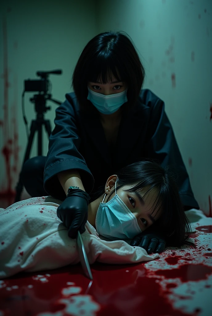 korean girl, (behind corpse, holding knife), surgical mask, black gloves, room full of blood, black raincoat, holding knife, black gloves, woman on top, looking at viewer, behind corpse, blood splatter, bed room, night, mass murderer, killer, short hair, blood splatter, dark atmosphere, cinematic lighting, atmospheric realistic, close-up, tripod and camera in the back, shooting with camera
