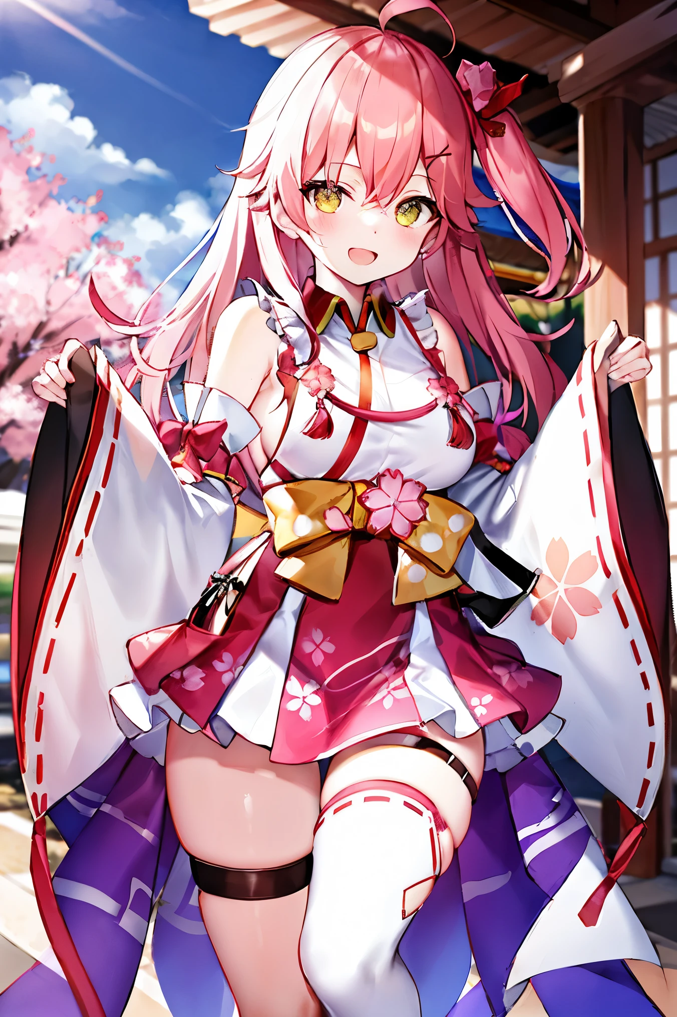 masterpiece, best quality, highres, miko1, sakura_miko, 1girl, big_boobs, solo, ahoge, x_hair_ornament, pink_hair, floral print, hairclip,(side_less_clothes:1.5), (side_boobs:1.5), hair_bell, floral print, long_hair, hair between eyes, one side up, white thighhighs, asymmetrical legwear, wide sleeves, open_mouth,(happy:1.3),gleen_eyes,big_smile,(rise_leg:1.3),plump,apart_legs,(overly_long_sleeves:1.3),),sleeves_past_wrists,hands_hidden_sleeves,sidelock_clothes,dynamic_posing,solo,hidden_wrists,(XD:1.4),covered_nipples,sunlight,cherryblossom_temple_landscape_background,