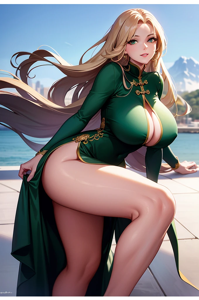 (Art: 1.2), (best quality: 1.2) 1 woman, mature, tall (1.85cm), She appeared to be around 30 years old, had long golden hair, straight and shiny hair with curled ends, emerald green eyes, extremely detailed, perfect eyes, extremely realistic eyes, well-aligned eyes, long eyelashes, anime style, perfect face, milf face, full lips, smiling, mature, fair skin, natural body, sexy body, MILF body, hands on waist, hands perfect, detailed hands, hands well proportioned to the body, realistic hands, arms with good anatomy, she only wore an emerald green Chinese oriental style dress, the dress still couldn't hide her extremely large and enormous breasts that were hanging down due to their size, thick thighs, wide hips, Looking at the viewer, background scenery, scenery on a Chinese viewpoint on the edge of a lake, in the background posing the setting sun, alone, Looking at the viewer