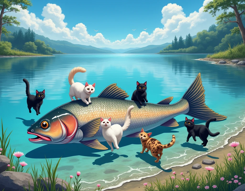 (masterpiece, Highest quality), Anatomically correct、Anime 2.5D、Picture books、Fantasy、 Intricate details, Depth of written boundary, Lakeside、(Huge fish lying on the ground)、(Cats, black, white, spotted, gray, and calico, dance in joy around their prey.)、
