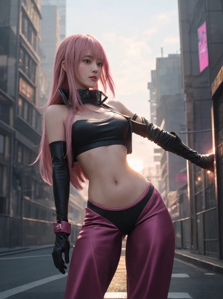 ulzzang-6500-v1.1,(raw photo:1.2),((photorealistic:1.4)),best quality,masterpiece, illustration, an extremely decision and beautiful, extremely detailed,CG,unity,8k wallpaper, amazing, fineness detail , official art, very detailed CG unified 8k wallpaper, ridiculous, incredibly ridiculous, huge file size, super detailed, high resolution, beautiful detailed girl, very detailed eyes and face, beautiful detailed eyes, light on face, movie lights, ((very pink tights)), 1girl, full body, full body photo, looking at the audience, ((light pink hair)), red eyes, ((bliss), The best detailed background, (cosplay), (smile), double ponytail, ((holding a rifle)),