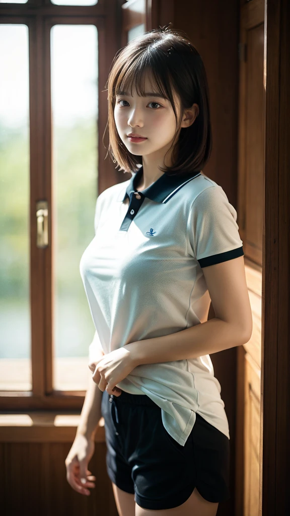 8k, Raw photo, highest quality, masterpiece:1.2), masterpiece, highest quality, figure, Very detailed, Fine details, High resolution, 8k,wallpaper, Perfect dynamic composition,(Detailed high quality, Realistic depiction of eyes:1.3)、A woman who has been and tied up、Hands behind your back、sitting on a bench by the lake、With legs apart、White panties are visible、Facing forward、21talent、Beauty、Well-formed face、Make your eyes even、Beautiful black hair、Has bangedium build、Well-balanced proportions、Beautiful legs、Short sleeve shirt、Long skirt、