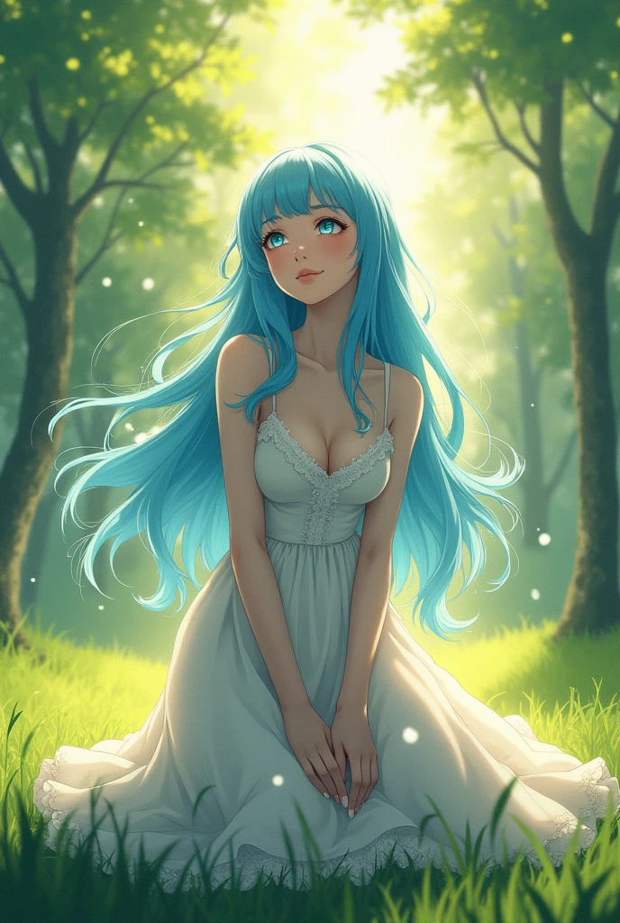 ((masterpiece, best quality, highly dramatic picture, cinematic lens effect, anime)) a blue haired milf wearing a white dress, on her knees looking up at me
