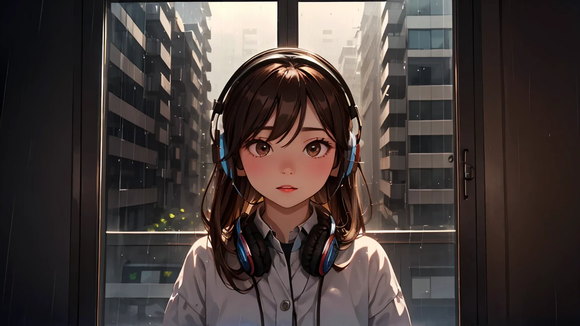 Highest quality。High resolution。Detailed and delicate。Cityscape under rain。Looking outside from a warm room。Brown hair with long length。Beautiful woman。Put on headphones。