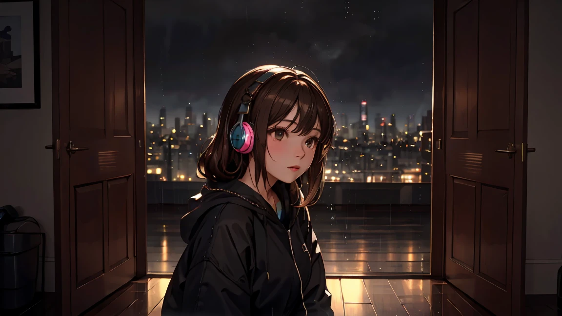 Highest quality。High resolution。Detailed and delicate。Cityscape under rain。Looking outside from a warm room。Brown hair with long length。Beautiful woman。Put on headphones。