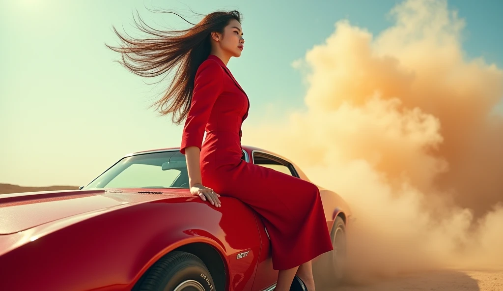 (RAW photo, realistic photo, high quality, masterpiece), car photography, Japanese beautiful woman sitting  on the car roof, red uniform, red car, dust and smoke, flying hair, side view,