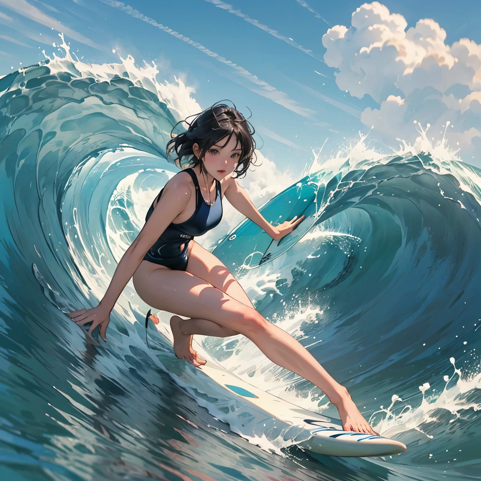 Female surfer riding a wave in the ocean early in the morning、(alone)、Beautiful Face、short hair、Sexy and colorful swimwear、surfing、 (Ride a surfboard:1.2)、breaking waves、Wave Splash、surfingの写真、Extreme Sports Photography、(Highest quality, masterpiece, High resolution)、8k、wallpaper、