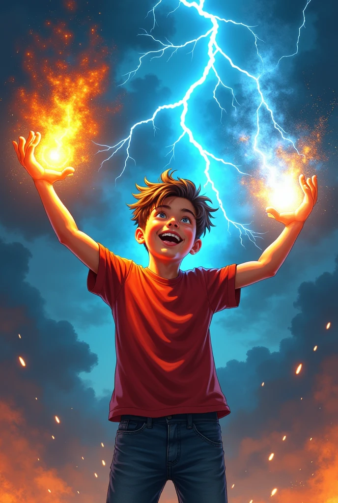 boy with fire in one hand and lightning in the other