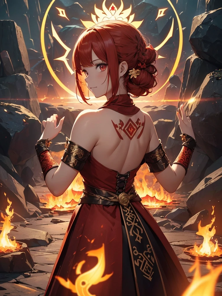 (((best quality, sharp image, clear image, cinematic lighting, 8k resolution, masterpiece, ultra detailed, intricate))) Girl, (((looking over right shoulder))), (shot from behind), ((half shot)), fire mage, cute, fiery red hair, pigtails in hair, (intricate dress), (white dress), ribbons in hair, smiling, fiery red, ((intricate Portal background)), ((fire magic)), candles, ((glowing runes on skin)), (flame patterns), ((fiery lotus flowers)), busy background., ((fire sigils)), (rock formations), Exploding rock, lavafalls, gauntlets, ((Red rubies)), busy background.