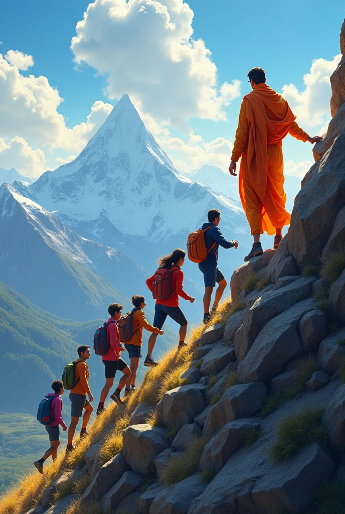 A dynamic image of students climbing a mountain, with Swami Vivekananda’s figure standing at the peak, symbolizing the attainment of success through perseverance.