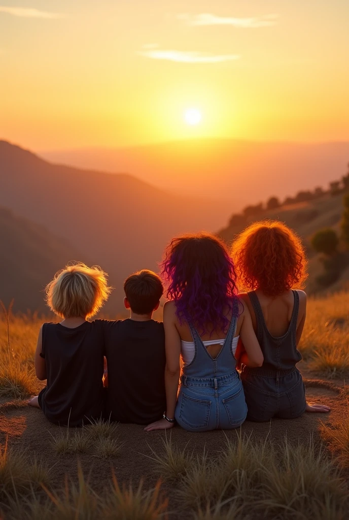 Four teenagers on a hill watching the sunrise, a wavy blond boy in black clothes lying on the ground,a girl with black curly hair and purple highlights wearing denim overalls looking at the sun, a girl with dark brown wavy, frizzy hair wearing old clothes looking at the sun and one standing on the edge of the mountain looking at the sun with orangey-red wavy hair blowing in the wind wearing pajamas