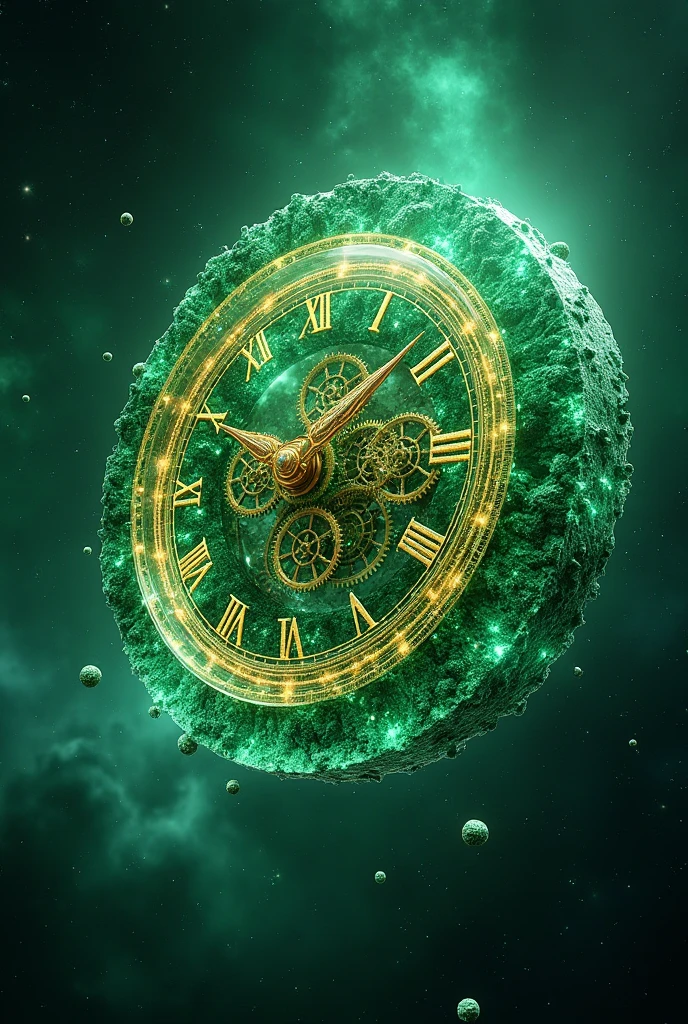 "Visualize an image of a massive emerald green clock suspended in the vastness of space, with its gears and cogs exposed and slowly turning, each component made of glowing emerald crystal and gold. The clock's hands are long, slender, and elegant, crafted from pure light that pulses with energy. Around the clock, floating emerald green asteroids orbit in slow motion, casting shimmering reflections onto the clock’s surface. The background is a deep, star-studded cosmos with swirling emerald and gold nebulae, giving the scene a timeless, cosmic grandeur."