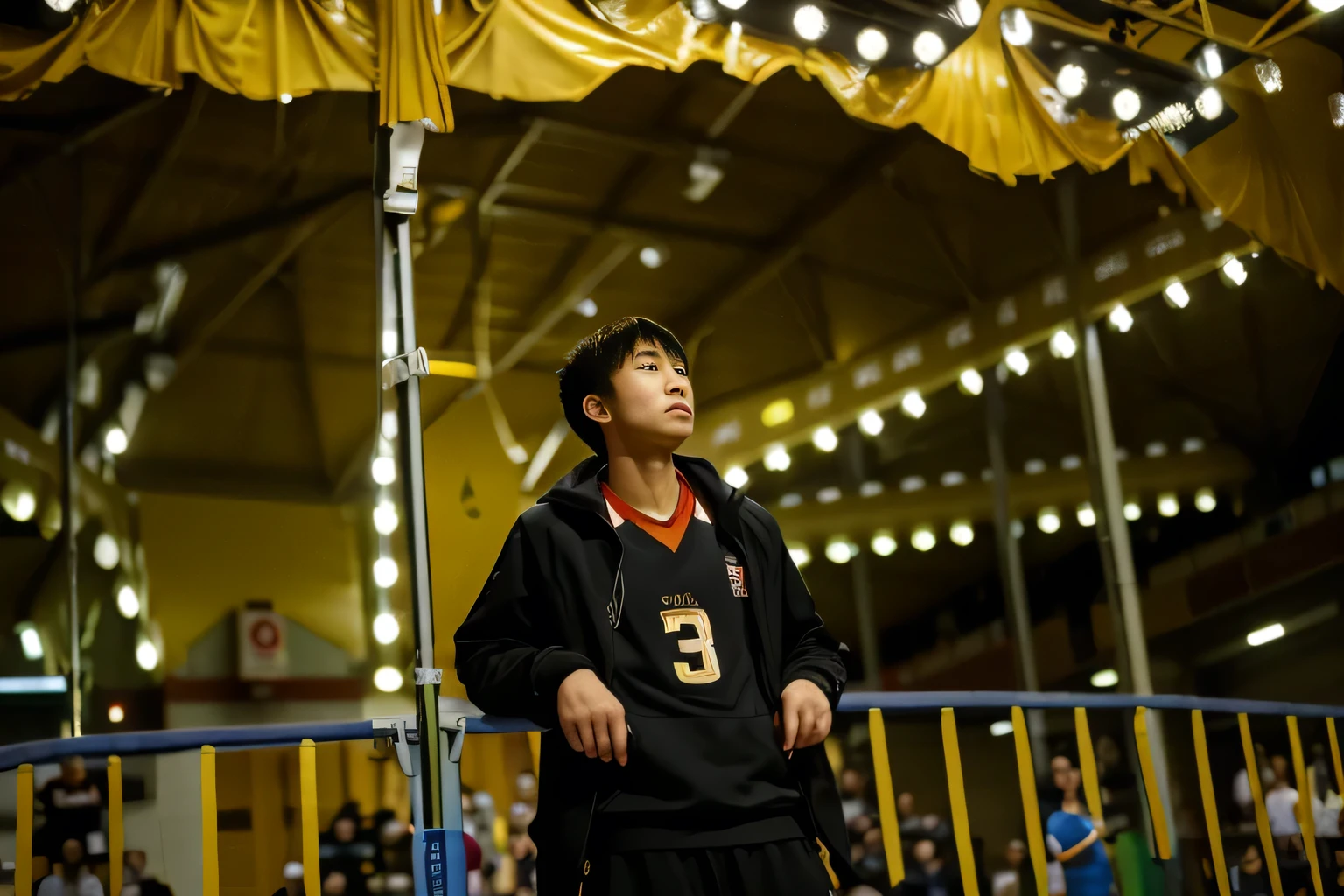 (Best quality, 8k, 32k, Masterpiece, UHD:1.2) "Transform the setting into the empty Miyagi Prefectural Gymnasium from Haikyuu!!. The scene should depict the large, indoor volleyball arena with its iconic polished wooden floors, court markings, and tall bleachers lining the sides. The space is silent and void of any people, creating a serene yet intense atmosphere. Overhead lights illuminate the court, casting clean, sharp reflections on the floor, highlighting the center net supported by green and red poles. The gymnasium feels like it’s waiting for the next big match, with banners from various high school teams hanging quietly from the rafters."