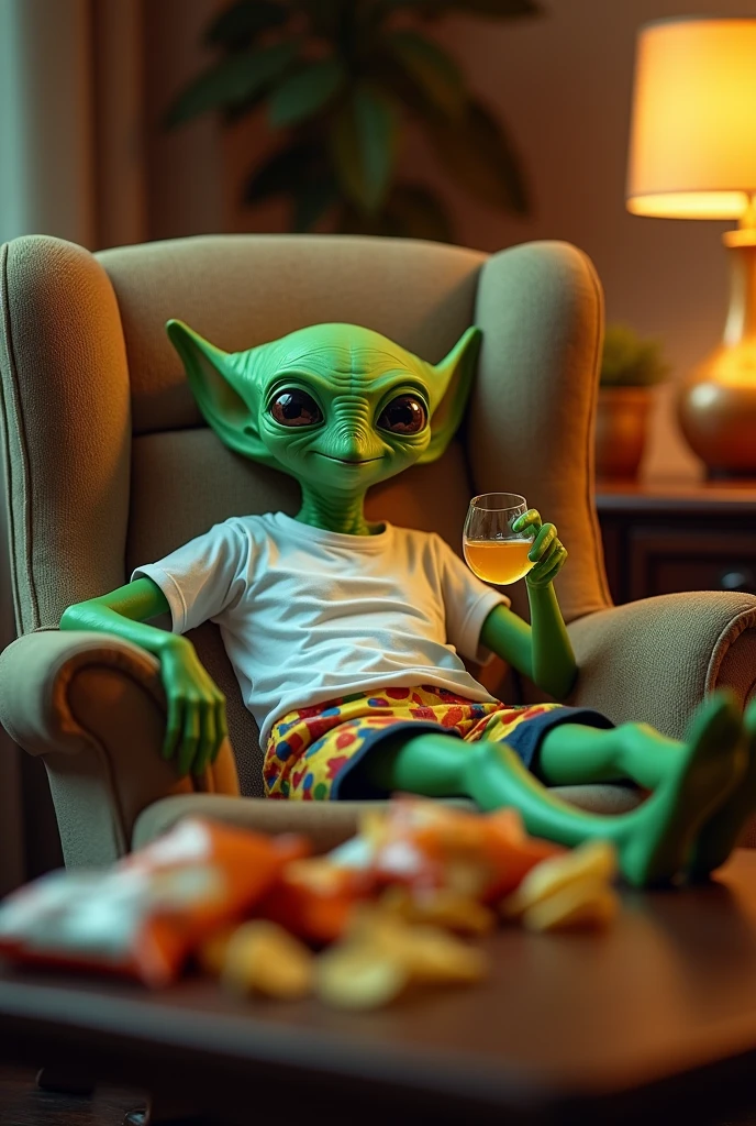 The alien is wearing a white T-shirt and shorts. He is sitting in a relaxed position in an armchair in front of the TV in the room. He has a glass of yellow liquid in one hand and an empty bottle in the other. There are chips on the table. The image is positive, with a sense of humor. High quality, Realistic, 16 KB resolution, Nikon Z9, digital photography, ultratextured skin, Realistic photography, Cinematic effect, soft light, soft shadows, high-quality surround lighting