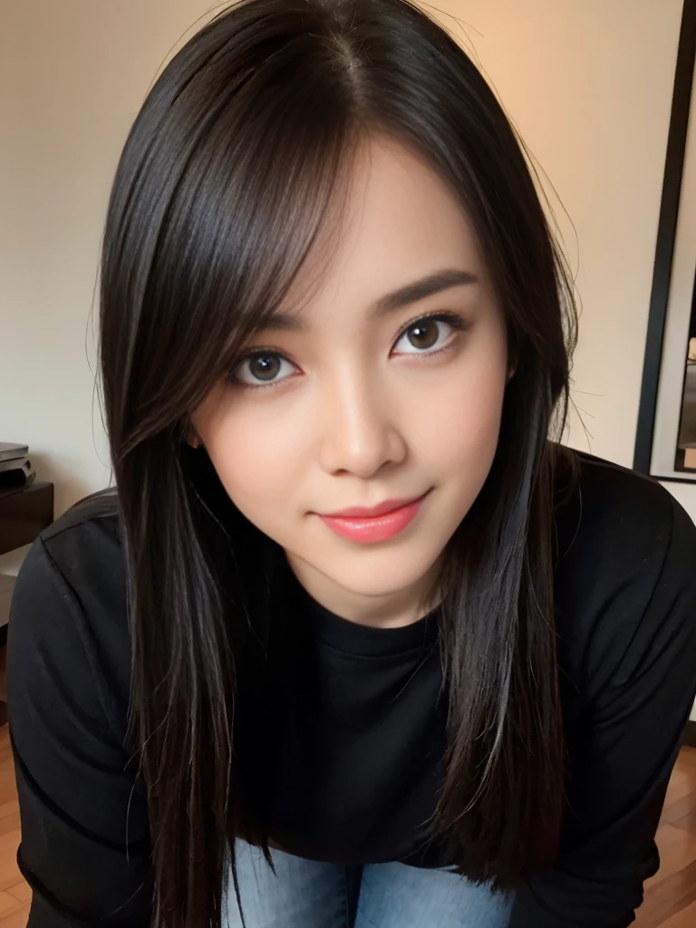 top-quality, ​masterpiece, 8K, 超A high resolution, (Photorealsitic:1.4), 1girl in、Beautiful expression, Black long tshirt、black jeans skirt、symmetrical eye、Medium 、Perfect body proportiOn、cleavange, bend forward, Look at viewer' smile face, lipstik, close shot capture, halfbody, eyes on camera, details eyes, beautiful eyes, in living room