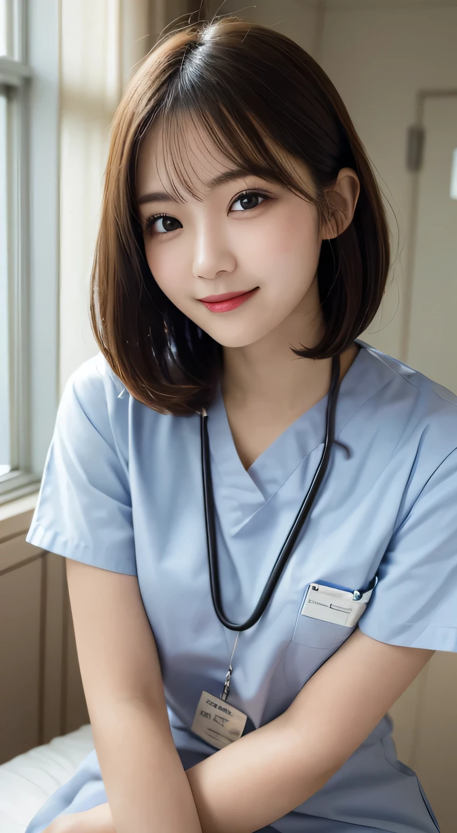 Tabletop, Highest quality, figure, Very detailed, In detail, High resolution, 8k wallpaper, Perfect dynamic composition, White、nurse,nurse、short hair, Beautiful attention to detail、One female , Natural color lip,smile,hospital,Hospital room、On the bed、Sitting flat、from the front、20-year-old,cute