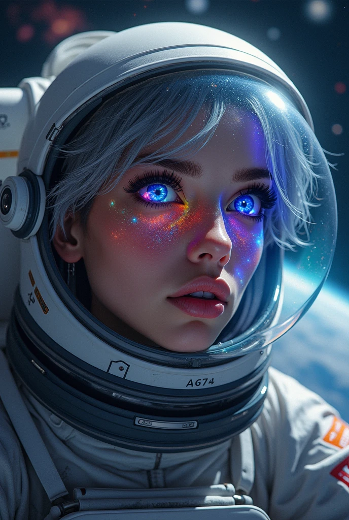 (Close-up of a better masterpiece:1.5)0.9], (Space and astronauts:1.2) (Messy silver hair:1.1) (Heterochromia xanthochromia and blue eyes:1.2) (Space helmet:1.0) (Colorful stars in the eyes:1.0) (glowing:1.1) (thick lips:0.9)
