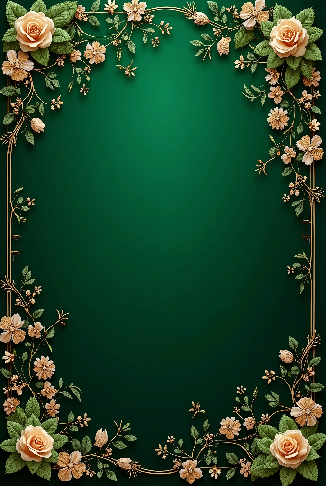 "Please, Create a wedding invitation background in emerald green with gold, without any text.."