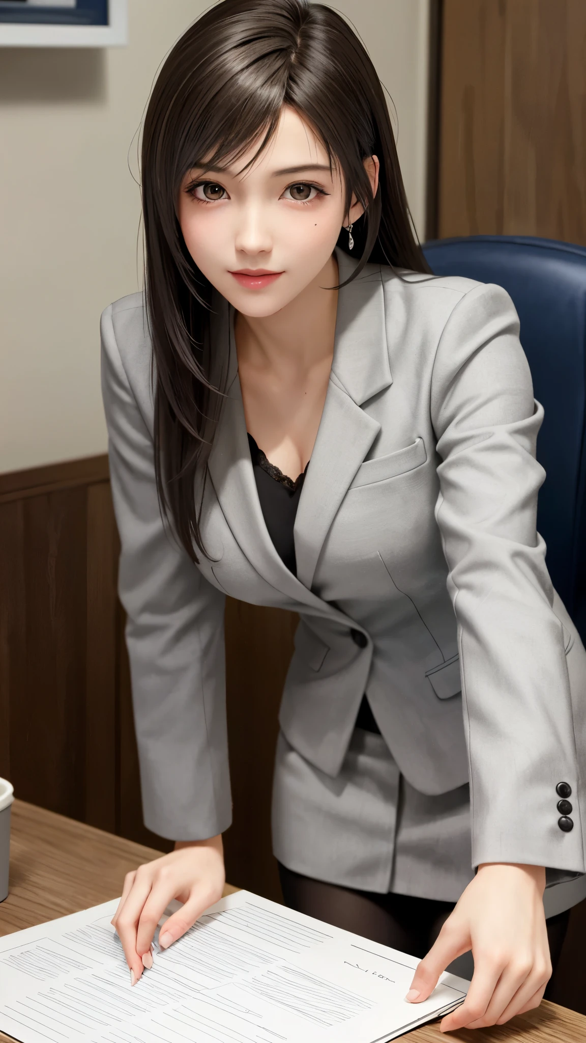(top quality, masutepiece: 1.1), (Realistic: 1.3), BREAK (((FF7,Tifa_lockhart))),(solo,Tifa:1.2),(japanese ,gray tailored jacket,gray tailored pencil skirt,office suit:1.3) ,(office, indoor,coffee),(strong will,sexy pose:1.1),Ultra-detailed face, Detailed eyes,Red eyes, BREAK (((FF7,Tifa_lockhart))),(light brown hair, Large breasts: 1.2), BREAK (Small and beautiful hard nipple) About 18 years old,kawaii,smile,face focus:1.5,making like she wants to kiss you,shy,blush,leaning forward,suggestive,sensual