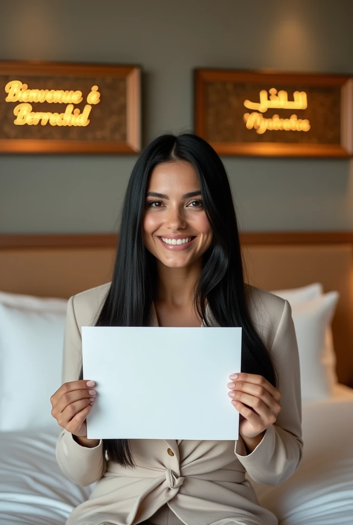 Une femme brune. Les cheveux raides, écartés ou assez écartés de son cou, pas longs, de couleurs noirs. Une femme un peu volumineuse par sa forme physique. Assise dans une grande chambre d'hôtel, sur un lit de l'hôtel, souriante, la tête droite, le regard droit fixé vers l'avant, portant dans ses mains une grande photo qu'elle montre bien vers l'avant de sorte que la photo qu'elle montre soit un peu décollée de sa poitrine et derrière elle, accroché sur le mur, un tableau avec 2 écritures sur le tableau. L'une qui dit en langue arabe : Bienvenue à Berrechid et la deuxième en langue française qui dit : Bienvenue à Berrechid.