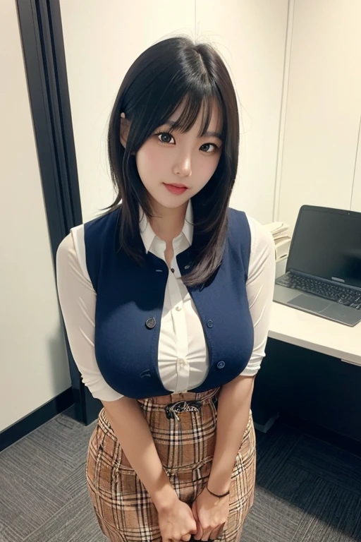 A young korean beautiful girl, 20-year-old, sexy girl, strikingly beautiful, black hair, big breasts, delicate facial features, expressive eyes, highest quality, debris flies、pretty woman、office lady、(brown eyes、big breasts、blunt bangs)、short hair、チェック柄のダークブルーのofficeスーツ)、new employee,full body shot、Female OL、break(checkered dark blue vest、white cutter shirt、Navy blue long tight pencil skirt:1.2)、(black tights、high heels)、(office:1.3)、(((fold your hands in front of you)))